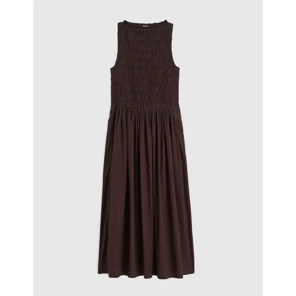 Madewell The Melody Smocked Midi Dress Cotton Molasses Brown A Line Small NWT - Picture 6 of 14